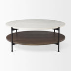 Table basse ronde à plateau en marbre blanc et étagère en bois, 2 niveaux
