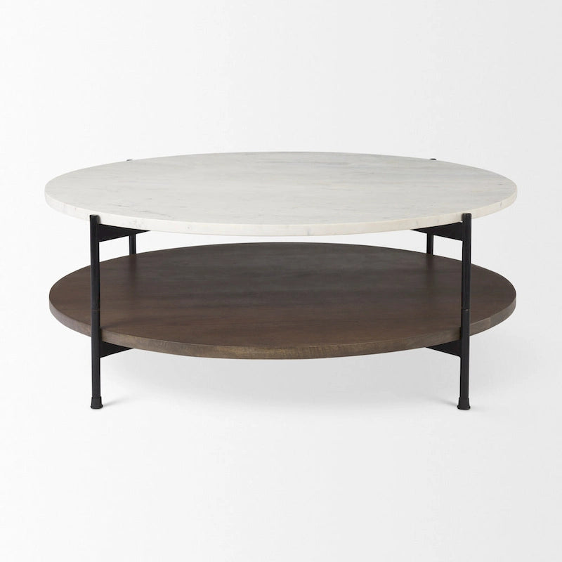 Table basse ronde à plateau en marbre blanc et étagère en bois, 2 niveaux