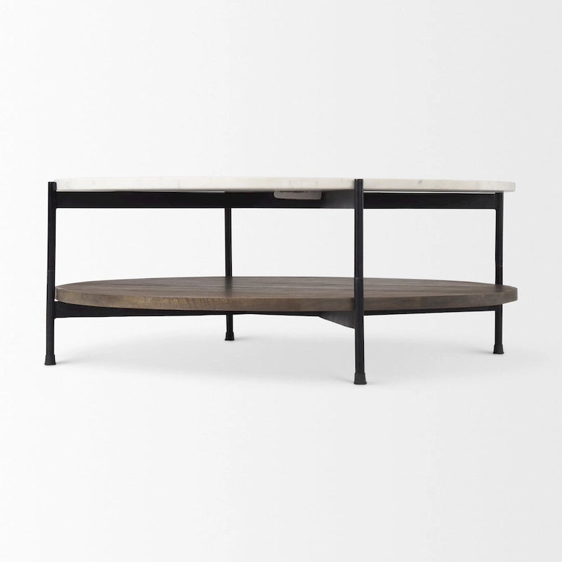 Table basse ronde à plateau en marbre blanc et étagère en bois, 2 niveaux