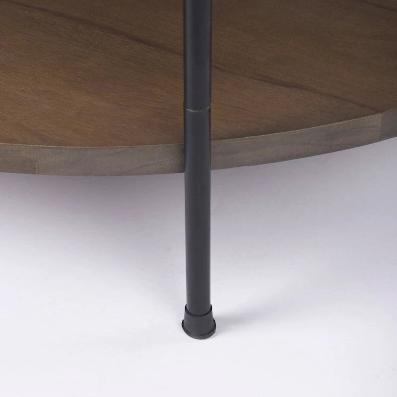 Table basse ronde à plateau en marbre blanc et étagère en bois, 2 niveaux
