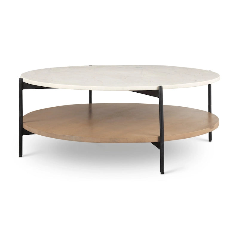 Table basse ronde à plateau en marbre blanc et étagère en bois, 2 niveaux