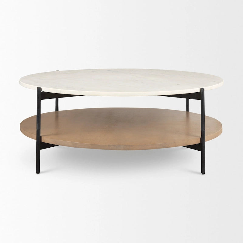 Table basse ronde à plateau en marbre blanc et étagère en bois, 2 niveaux