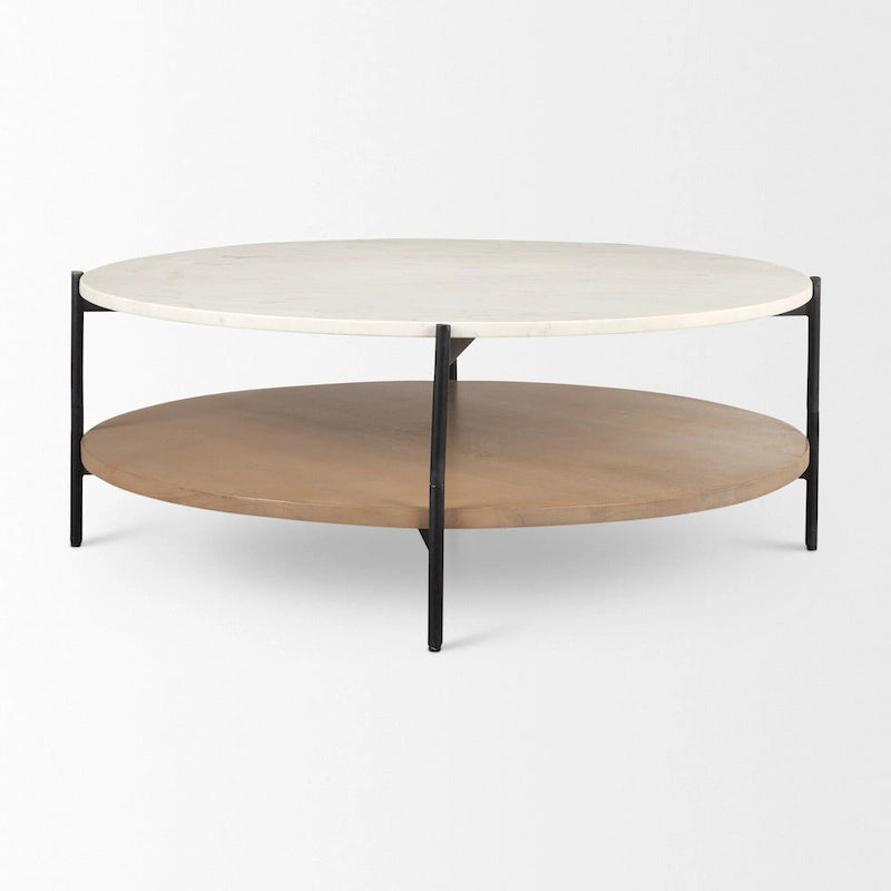Table basse ronde à plateau en marbre blanc et étagère en bois, 2 niveaux