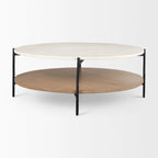 Table basse ronde à plateau en marbre blanc et étagère en bois, 2 niveaux