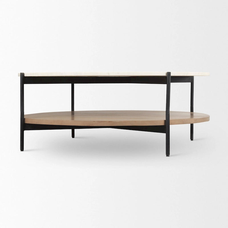 Table basse ronde à plateau en marbre blanc et étagère en bois, 2 niveaux