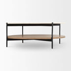 Table basse ronde à plateau en marbre blanc et étagère en bois, 2 niveaux