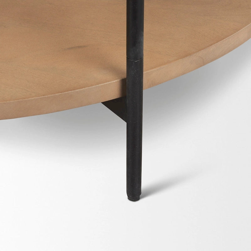 Table basse ronde à plateau en marbre blanc et étagère en bois, 2 niveaux