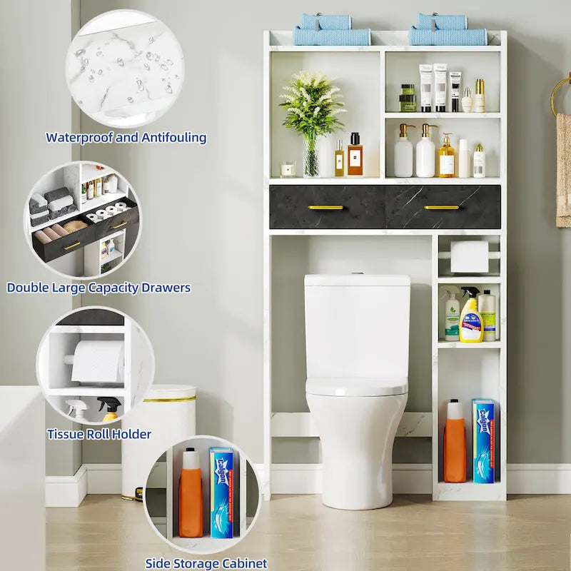 Meuble de rangement blanc sur WC avec tiroirs et étagères, 1 personne