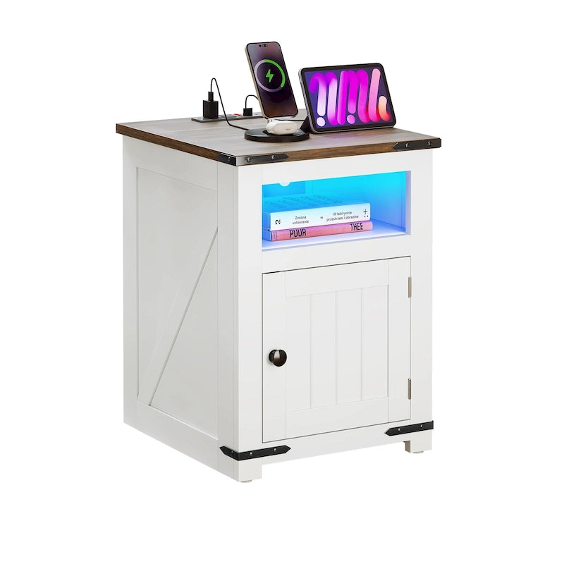 Table de chevet de style campagnard blanc avec station de recharge, porte de grange, pour 1 personne