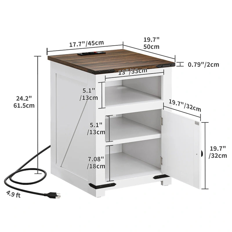 Table de chevet de style campagnard blanc avec station de recharge, porte de grange, pour 1 personne