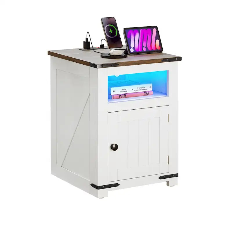 Table de chevet de style campagnard blanc avec station de recharge, porte de grange, pour 1 personne