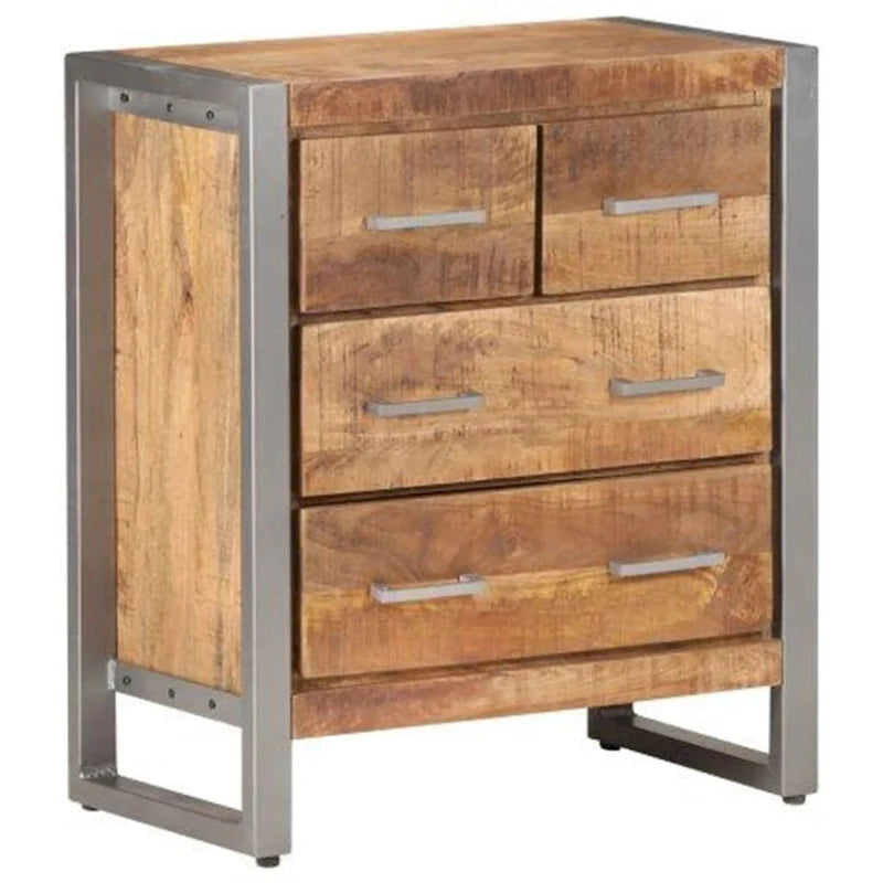 Bahut en bois de manguier brun et fer avec 4 tiroirs, assemblage par 1 personne