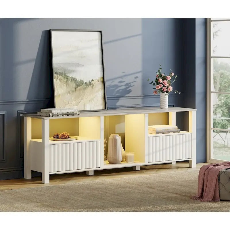 Meuble TV blanc cannelé en bois avec lumière LED, 87/105 pouces, pour 1