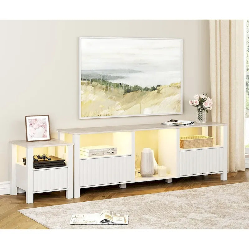 Meuble TV blanc cannelé en bois avec lumière LED, 87/105 pouces, pour 1