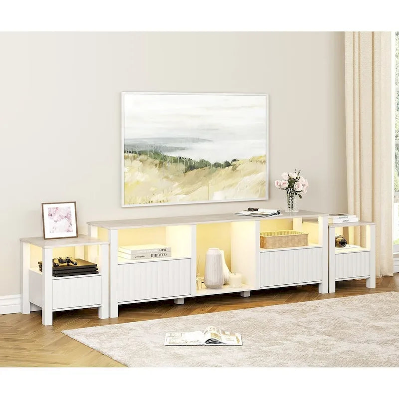 Meuble TV blanc cannelé en bois avec lumière LED, 87/105 pouces, pour 1