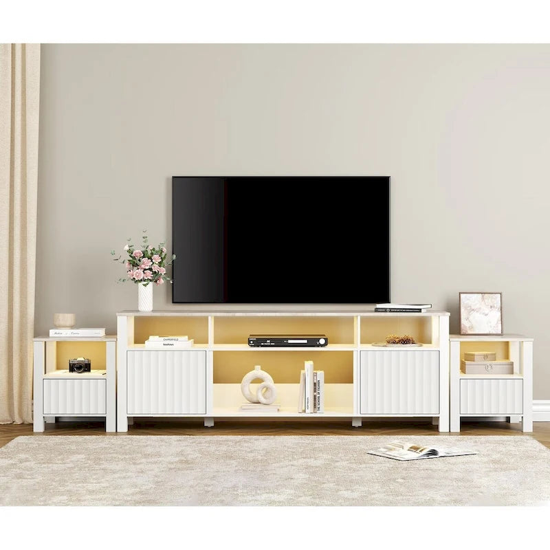 Meuble TV blanc cannelé en bois avec lumière LED, 87/105 pouces, pour 1