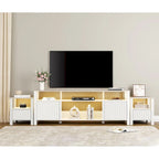 Meuble TV blanc cannelé en bois avec lumière LED, 87/105 pouces, pour 1