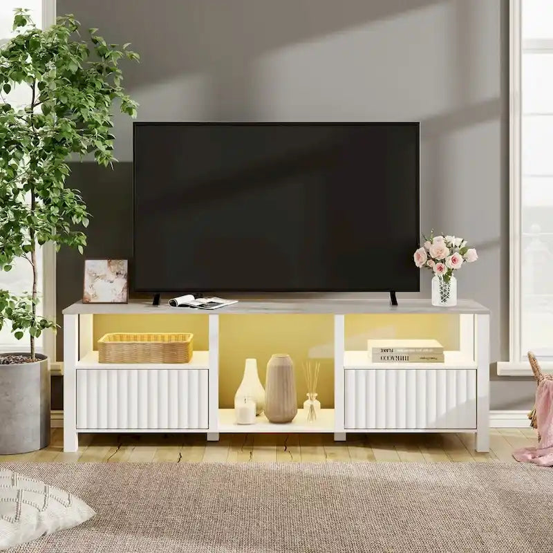 Meuble TV blanc cannelé en bois avec lumière LED, 87/105 pouces, pour 1