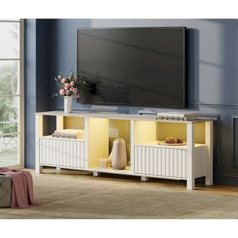 Meuble TV blanc cannelé en bois avec lumière LED, 87/105 pouces, pour 1