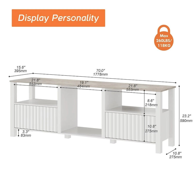 Meuble TV blanc cannelé en bois avec lumière LED, 87/105 pouces, pour 1