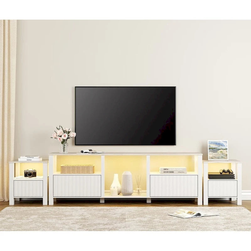 Meuble TV blanc cannelé en bois avec lumière LED, 87/105 pouces, pour 1