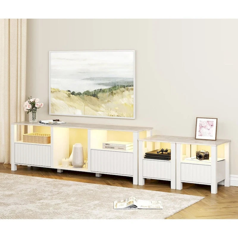 Meuble TV blanc cannelé en bois avec lumière LED, 87/105 pouces, pour 1