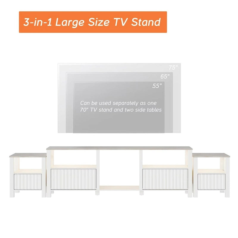 Meuble TV blanc cannelé en bois avec lumière LED, 87/105 pouces, pour 1