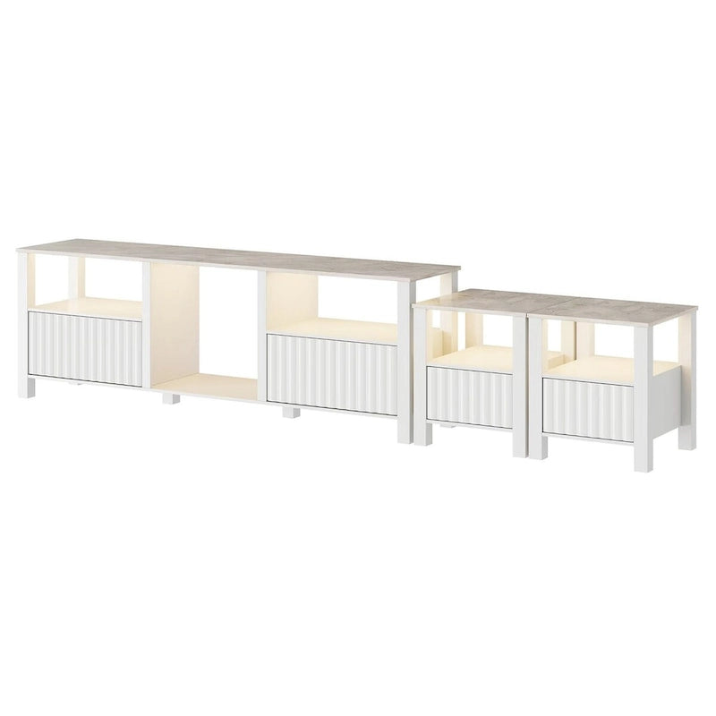 Meuble TV blanc cannelé en bois avec lumière LED, 87/105 pouces, pour 1
