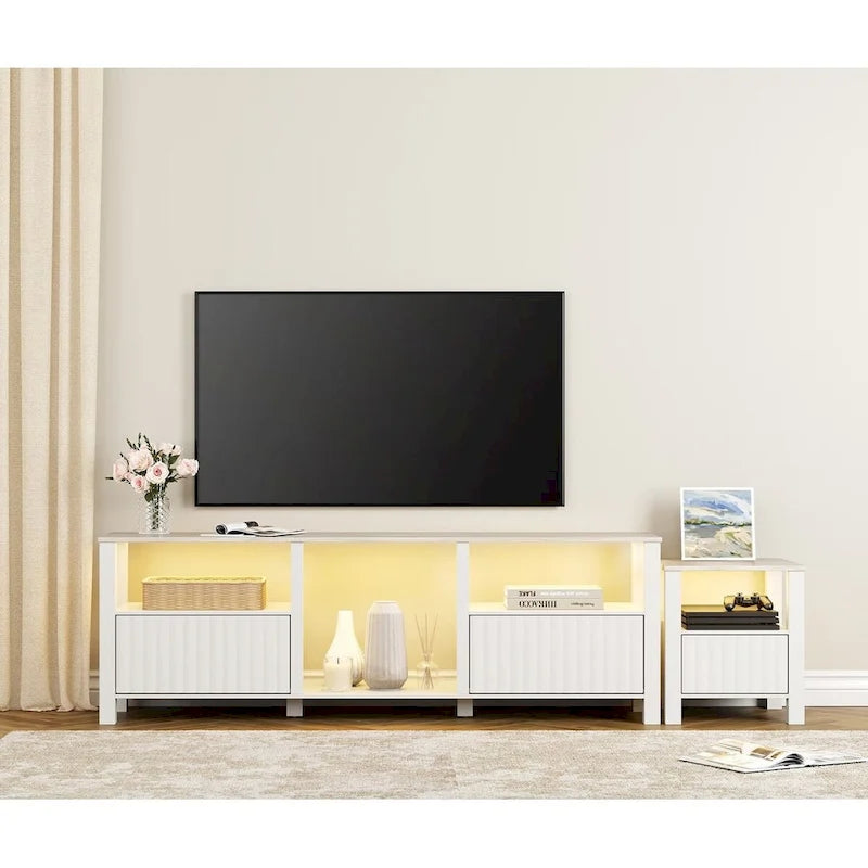 Meuble TV blanc cannelé en bois avec lumière LED, 87/105 pouces, pour 1