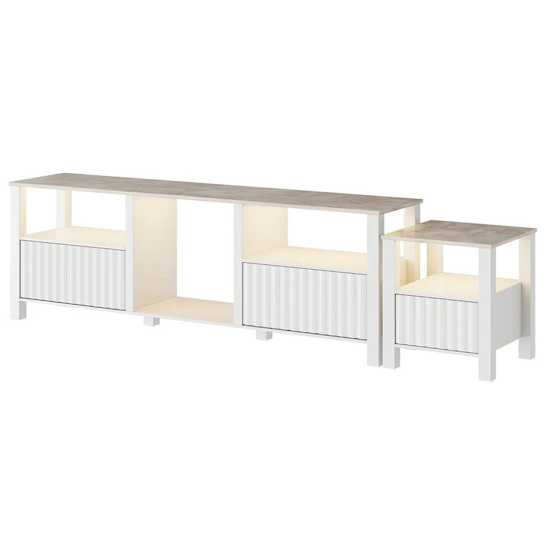 Meuble TV blanc cannelé en bois avec lumière LED, 87/105 pouces, pour 1