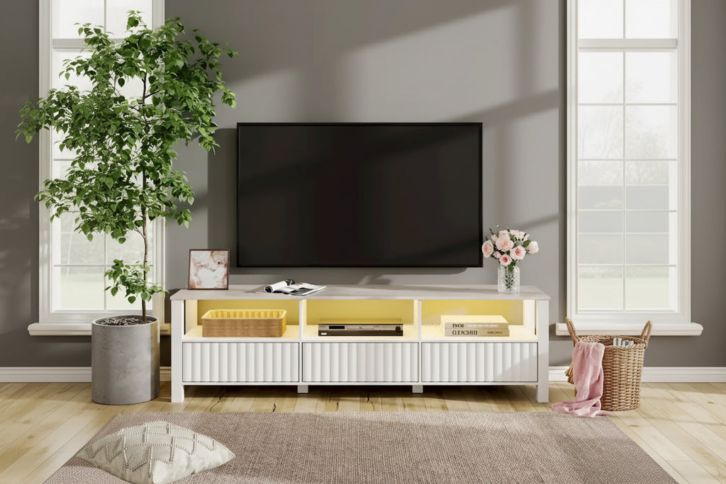Meuble TV blanc cannelé en bois avec lumière LED, 87/105 pouces, pour 1