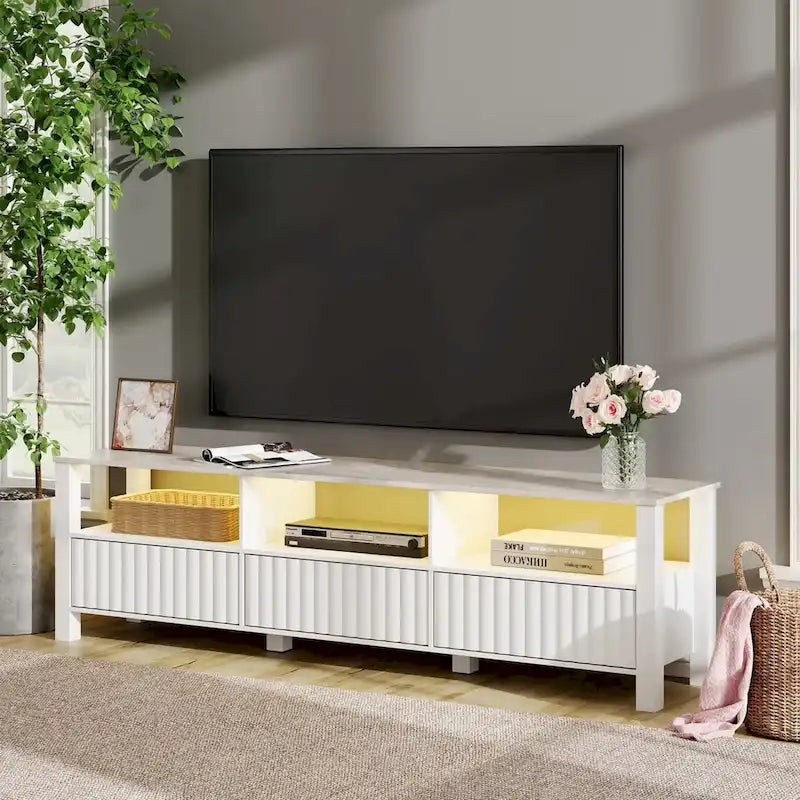 Meuble TV blanc cannelé en bois avec lumière LED, 87/105 pouces, pour 1