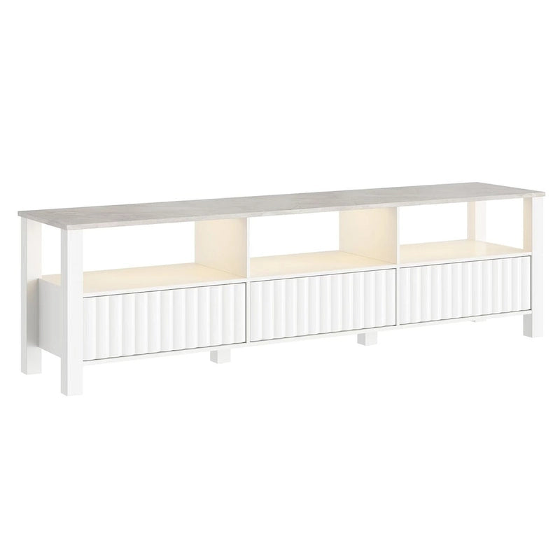 Meuble TV blanc cannelé en bois avec lumière LED, 87/105 pouces, pour 1