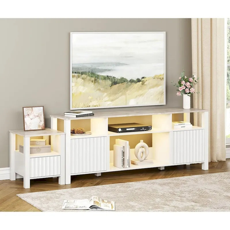 Meuble TV blanc cannelé en bois avec lumière LED, 87/105 pouces, pour 1