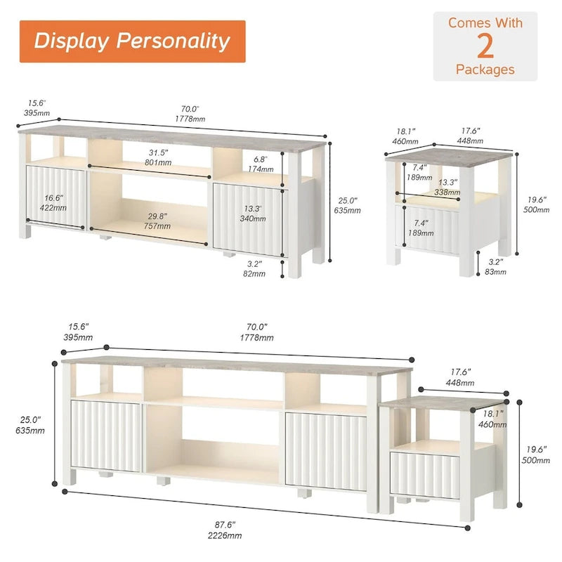 Meuble TV blanc cannelé en bois avec lumière LED, 87/105 pouces, pour 1