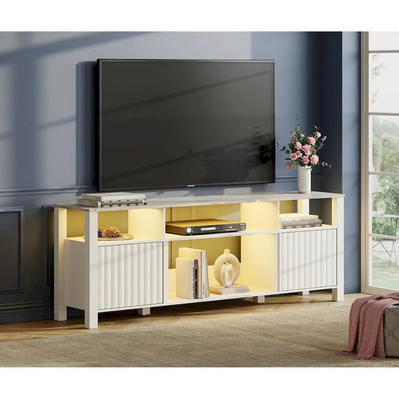 Meuble TV blanc cannelé en bois avec lumière LED, 87/105 pouces, pour 1