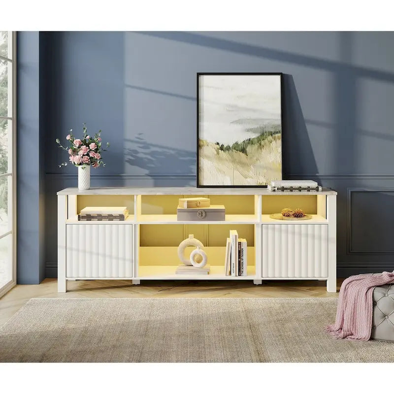 Meuble TV blanc cannelé en bois avec lumière LED, 87/105 pouces, pour 1