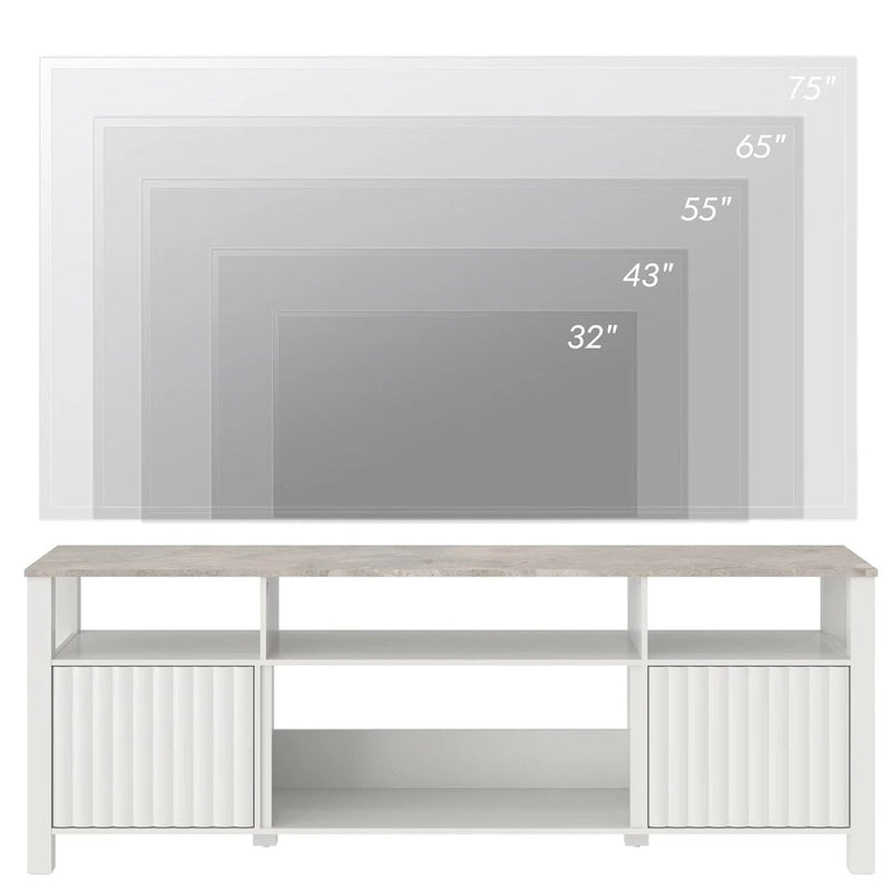 Meuble TV blanc cannelé en bois avec lumière LED, 87/105 pouces, pour 1