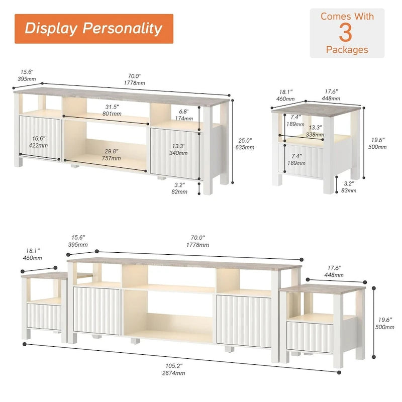 Meuble TV blanc cannelé en bois avec lumière LED, 87/105 pouces, pour 1