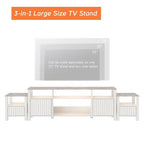 Meuble TV blanc cannelé en bois avec lumière LED, 87/105 pouces, pour 1