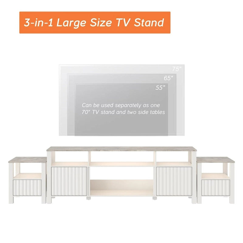 Meuble TV blanc cannelé en bois avec lumière LED, 87/105 pouces, pour 1