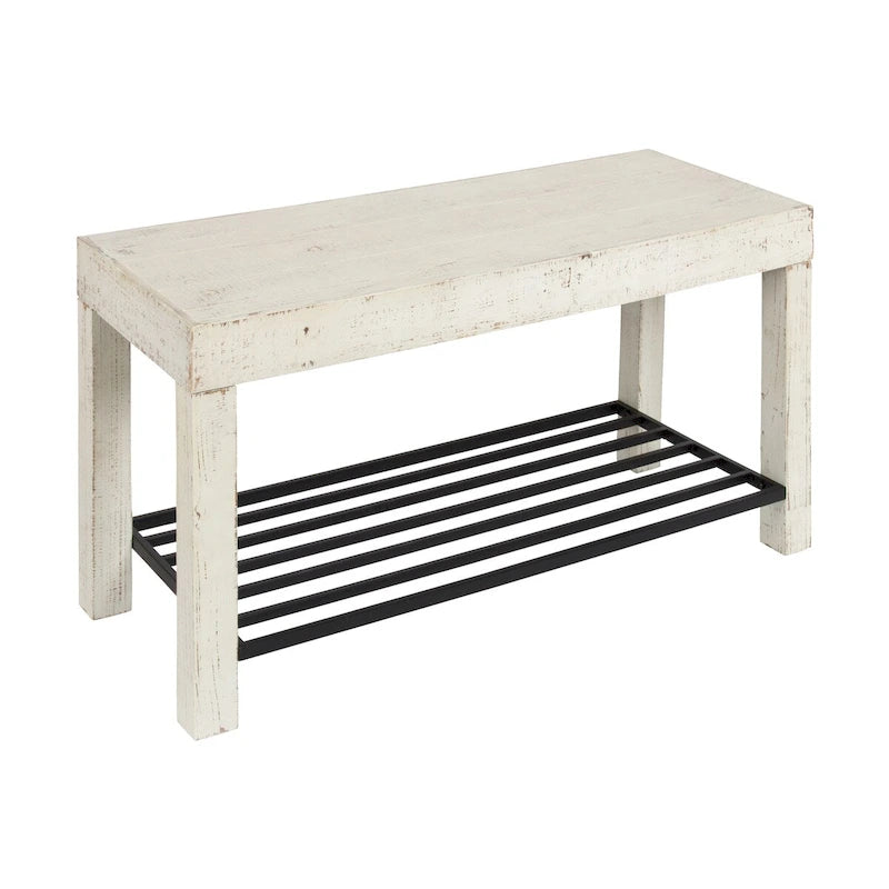 Banc d'entrée de ferme 2 personnes blanc/marron rustique/gris avec étagère à chaussures