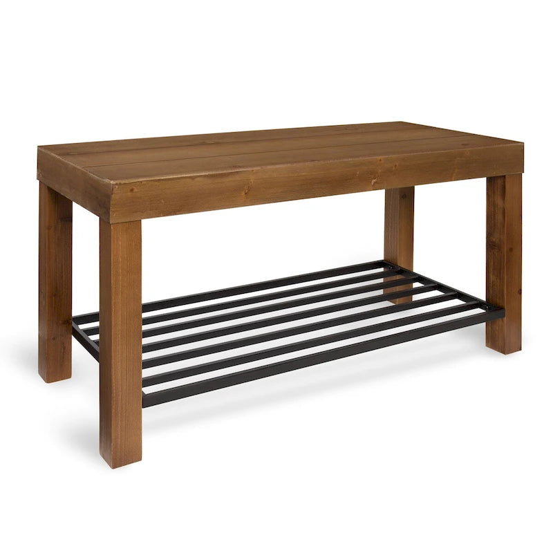 Banc d'entrée de ferme 2 personnes blanc/marron rustique/gris avec étagère à chaussures