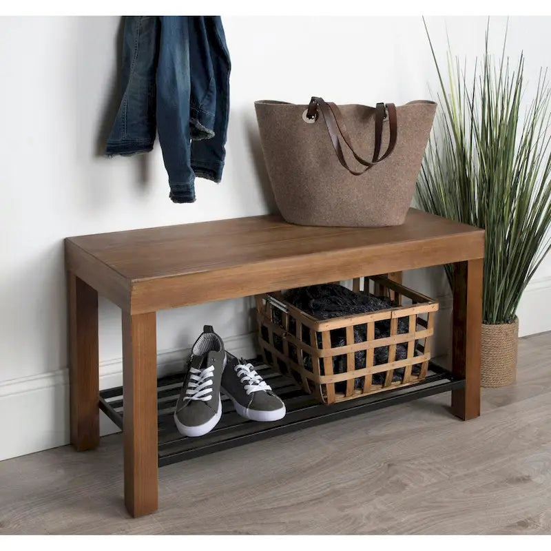 Banc d'entrée de ferme 2 personnes blanc/marron rustique/gris avec étagère à chaussures