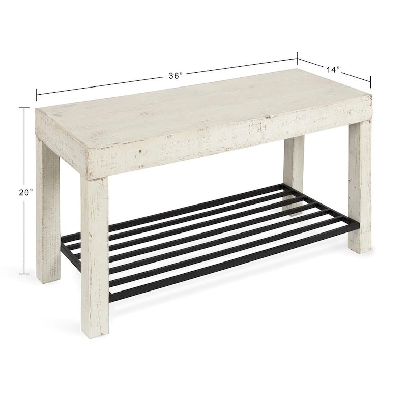 Banc d'entrée de ferme 2 personnes blanc/marron rustique/gris avec étagère à chaussures