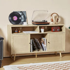 Meuble d'appoint pour tourne-disque rétro couleur bois et noyer brun avec rangement, 123 cm (L) x 40 cm (P) x 75 cm (H)