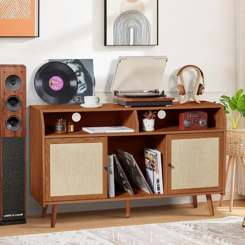 Meuble d'appoint pour tourne-disque rétro couleur bois et noyer brun avec rangement, 123 cm (L) x 40 cm (P) x 75 cm (H)