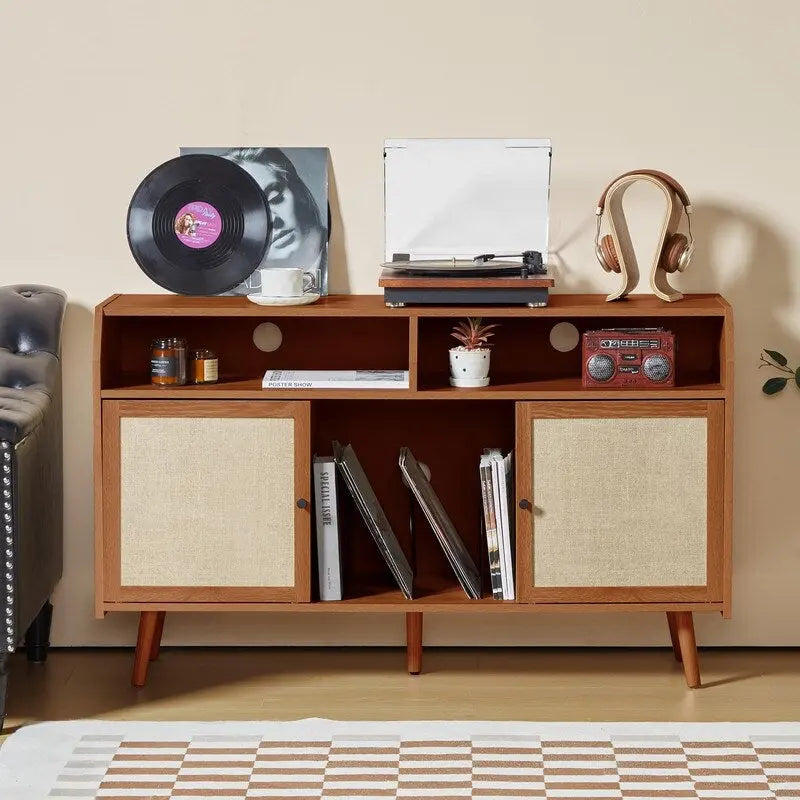 Meuble d'appoint pour tourne-disque rétro couleur bois et noyer brun avec rangement, 123 cm (L) x 40 cm (P) x 75 cm (H)
