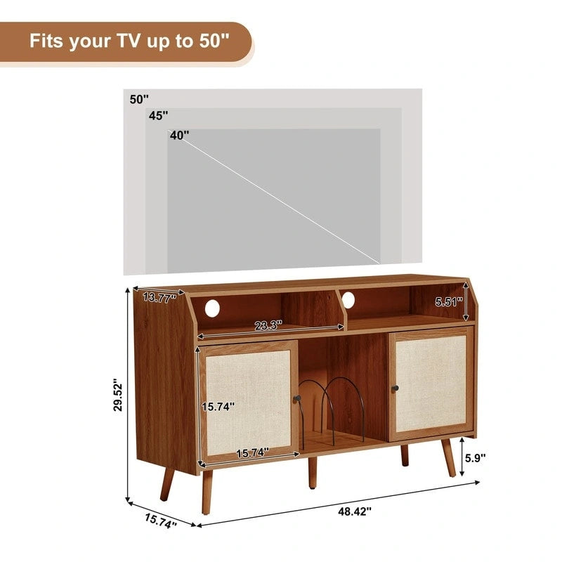 Meuble d'appoint pour tourne-disque rétro couleur bois et noyer brun avec rangement, 123 cm (L) x 40 cm (P) x 75 cm (H)