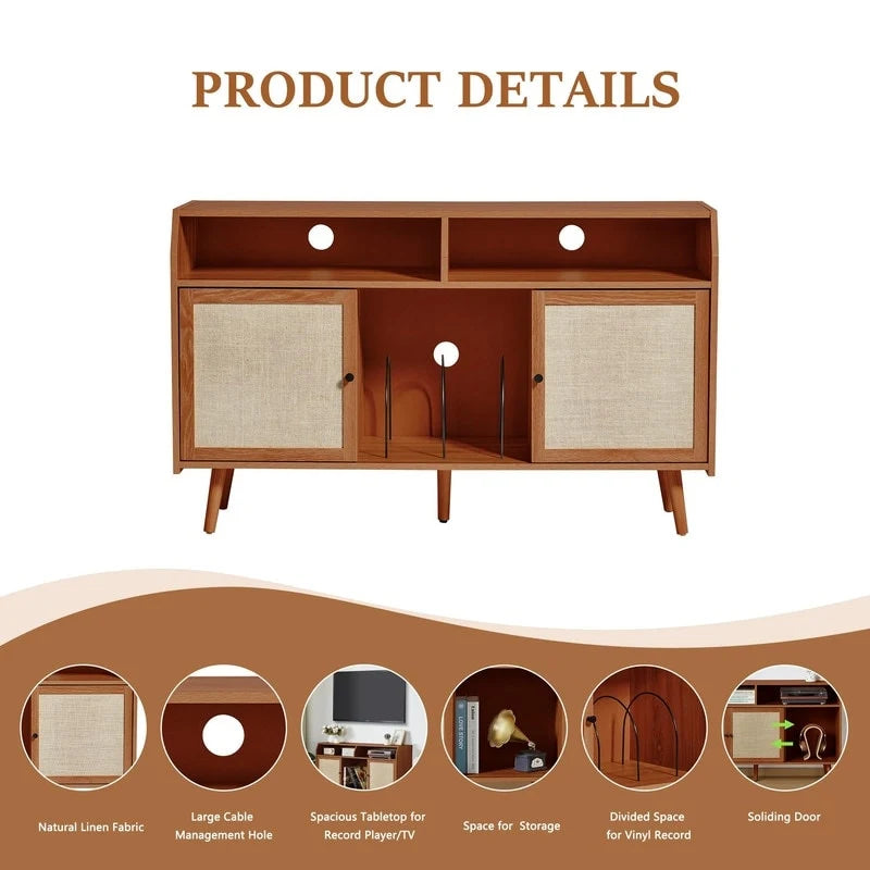 Meuble d'appoint pour tourne-disque rétro couleur bois et noyer brun avec rangement, 123 cm (L) x 40 cm (P) x 75 cm (H)